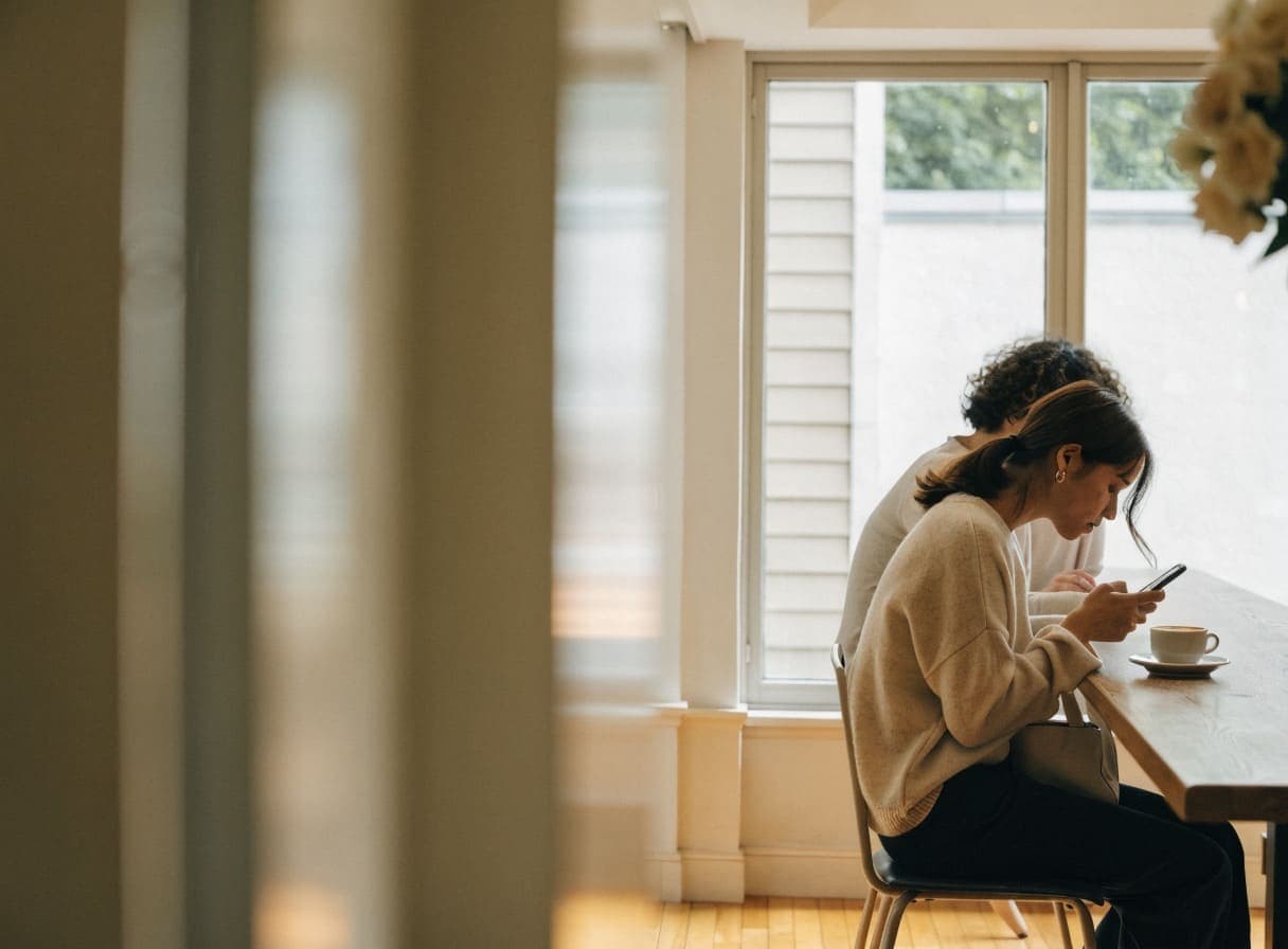 Een vrouw bestelt iets op haar telefoon aan een tafel bij het raam